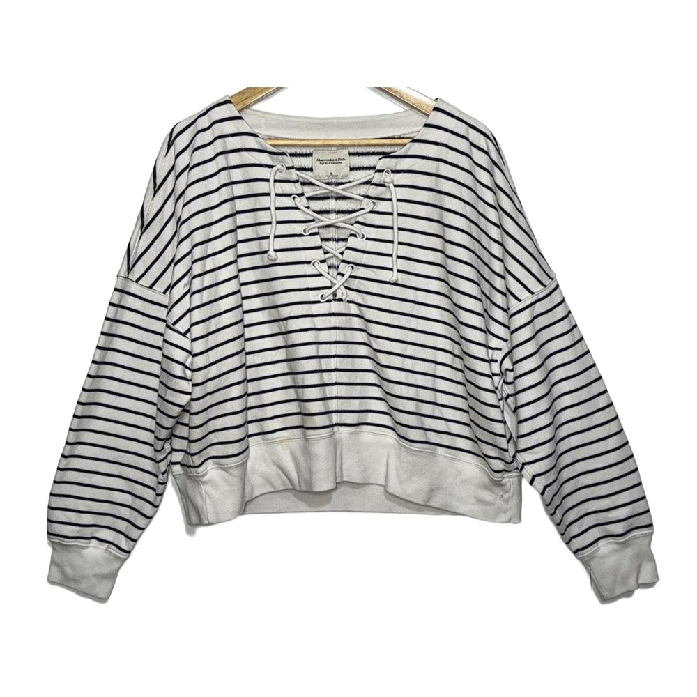 Abercrombie & Fitch Soft AF White Black Stripe Sweatshirt V-Neck Sweater Size XL